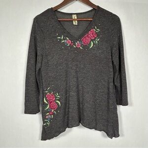 2 for$15 Endless Designs Gray Embellished Long Sleeve Top Floral Accents Size M